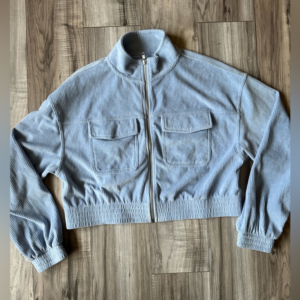 Aerie Groove On Velour Corduroy Cropped Zip Up Sweatshirt Jacket in Blue Size M